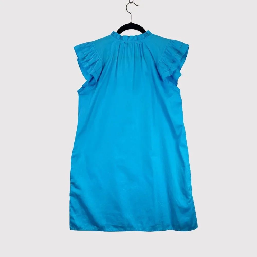 Stark X Mini Dress Blue Dreamy Tunic Flutter Sleeve Shift Split Neck Relaxed XS